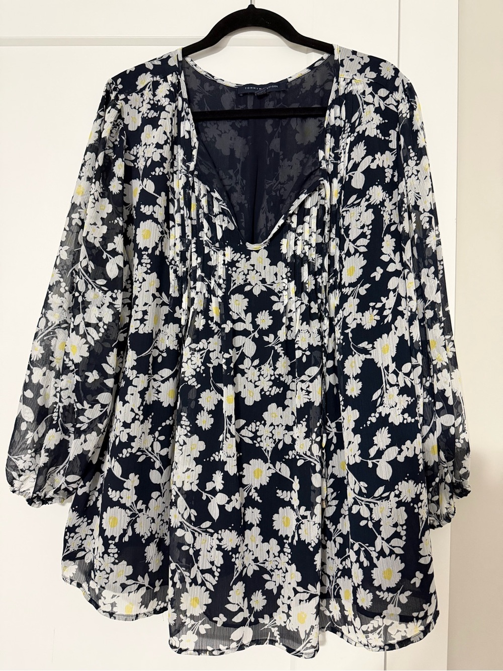 Tommy Hilfiger Navy Floral Tie-Neck Tunic with Yellow Accents